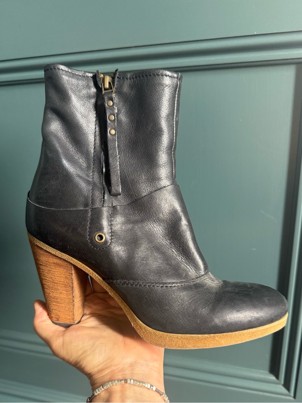 Women's Black Leather Ankle Boot with Wood-Look Heel